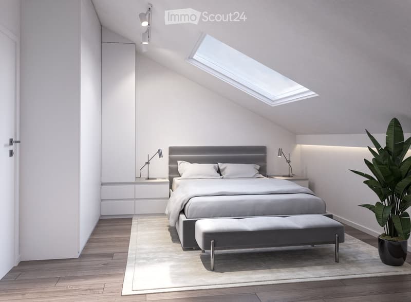 Modern bedroom with a large bed, nightstands, lamps, a bench, and a potted plant. The room features a skylight and built-in storage.