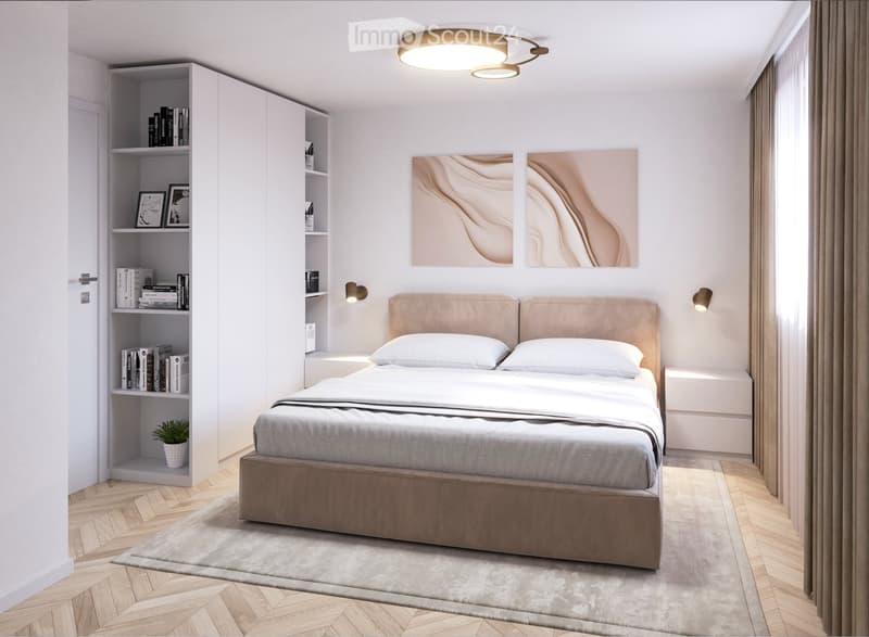 Modern bedroom with a large bed, white bedding, a built-in wardrobe with shelves, books, framed pictures, a small potted plant, wall-mounted lights, and a large abstract painting above the bed.