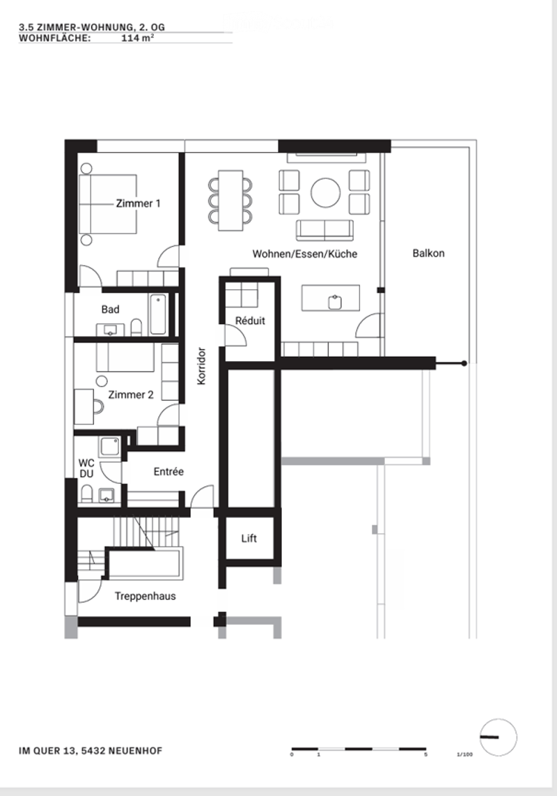 Floor plan of a 3.5-room apartment on the 2nd floor,114 m², featuring a living/dining/kitchen area, two bedrooms, a bathroom, a hallway, a balcony, and a staircase.