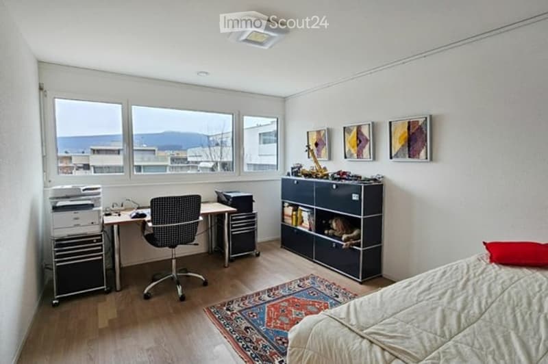 Bright, multi-functional room with a bed, desk, and large windows offering a scenic view. Includes a desk with a chair, printer, cabinet, and a colorful rug.