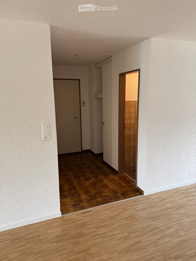 An empty room with white walls, a tiled floor, a white door, a light switch, and two open doors with one revealing a tiled wall.