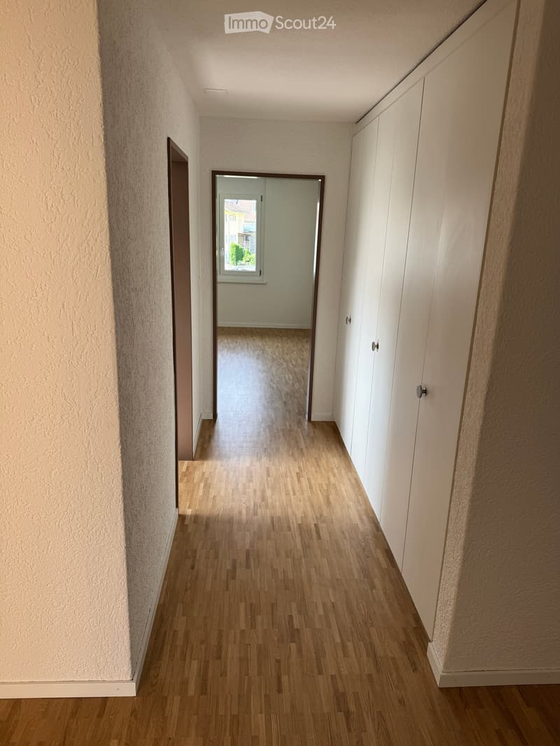 Empty hallway with wooden floor, white walls, and built-in wardrobes