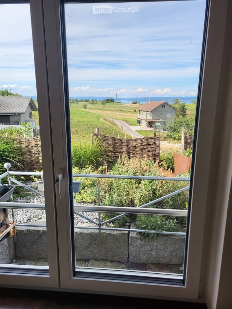 Balcony with metal railing, potted plants, and a scenic view of a rural landscape with fields, houses, and distant mountains.
