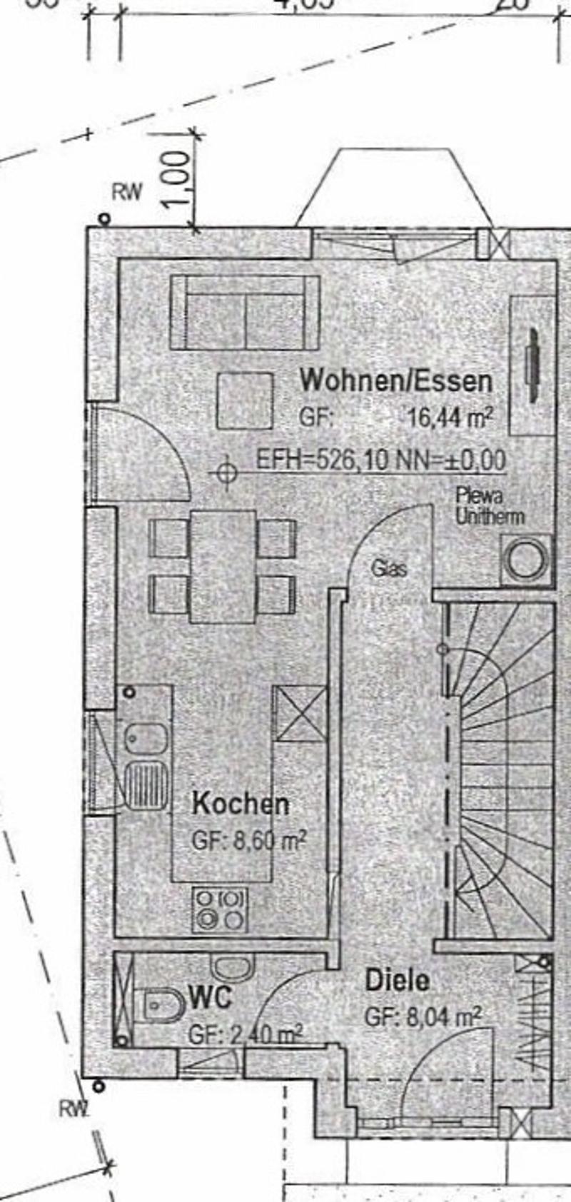 Floor plan of a small apartment with a living/dining area, kitchen, bedroom, and bathroom.