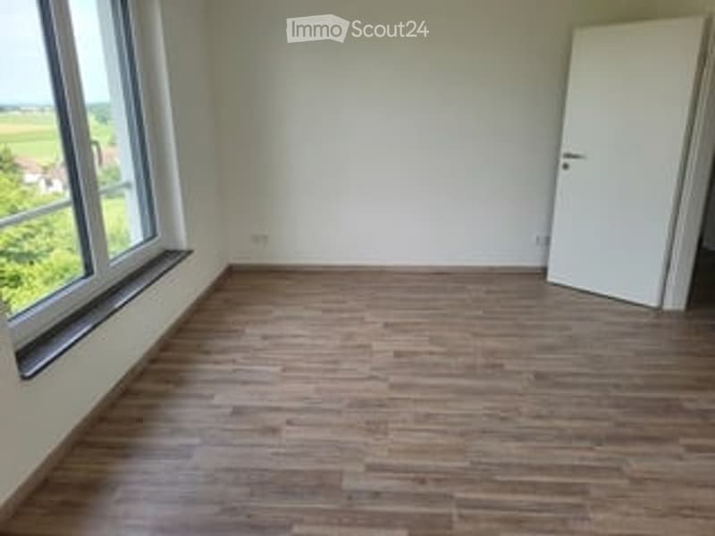 Completely empty room with wooden flooring, large windows, and a white door.