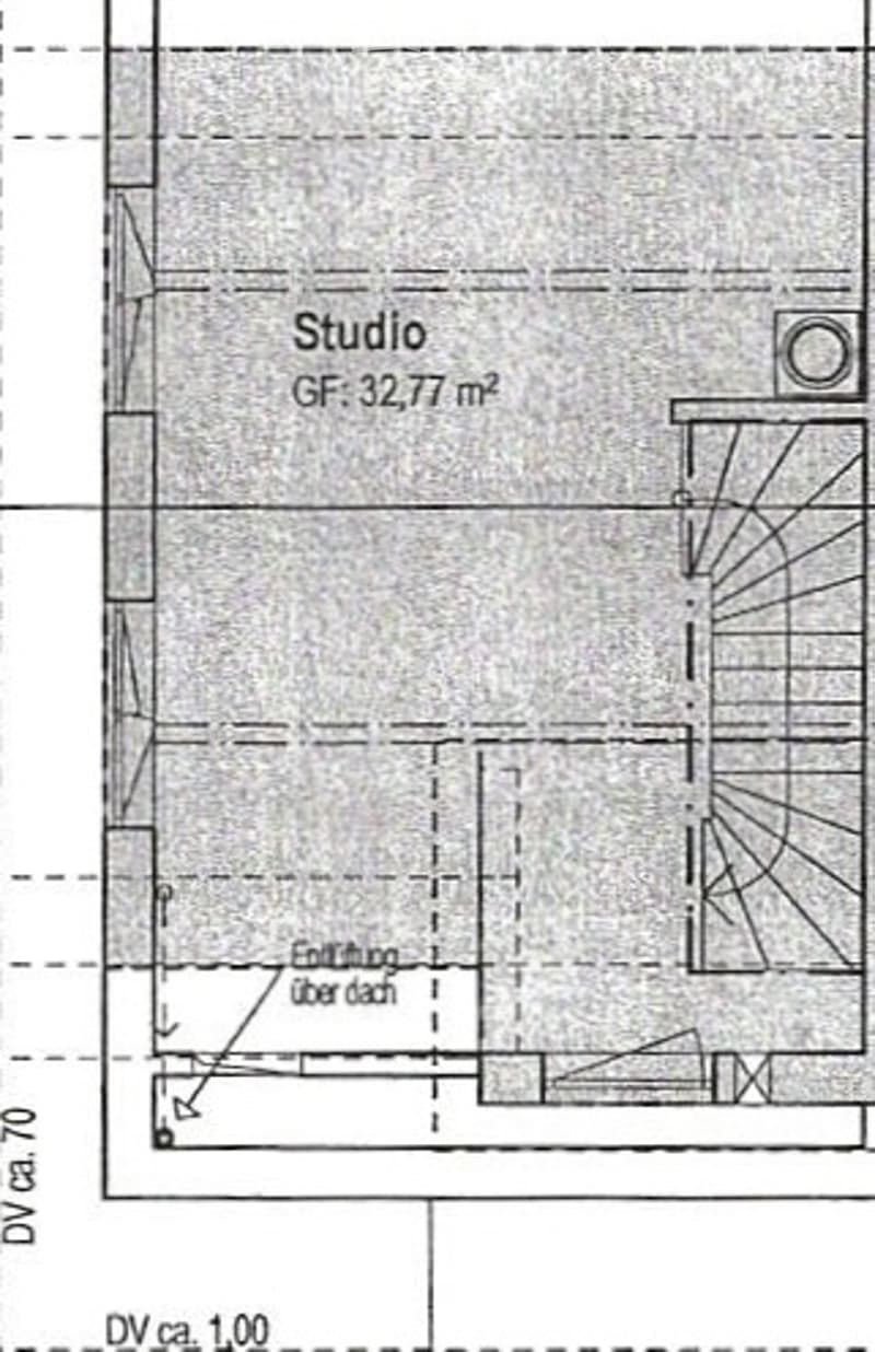 Floor plan of a studio apartment with a total ground floor area of 32.77 m². The layout includes a main studio space, a small entrance area, and a staircase leading to an upper level.