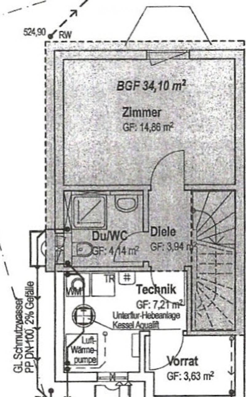 Floor plan showing a room (Zimmer), a bathroom (Du/WC), a technical room (Technik), and a storage area (Vorrats). Dimensions and floor levels are indicated.