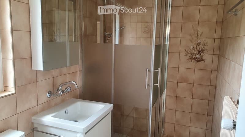 Modern bathroom with beige tiled walls, a white sink with chrome faucet, a glass-enclosed shower, a mirror cabinet, and a radiator.