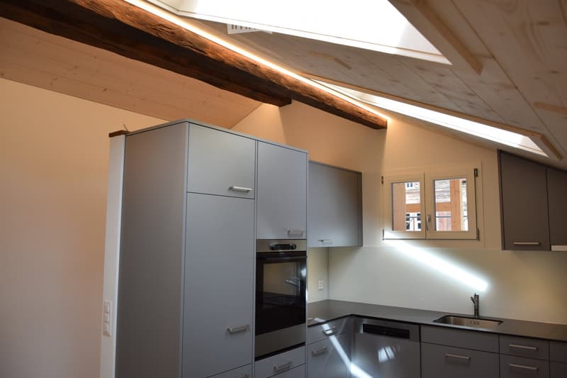 Modern kitchen with grey cabinets, built-in oven, dishwasher, and sink, featuring wooden ceiling beams and skylights.