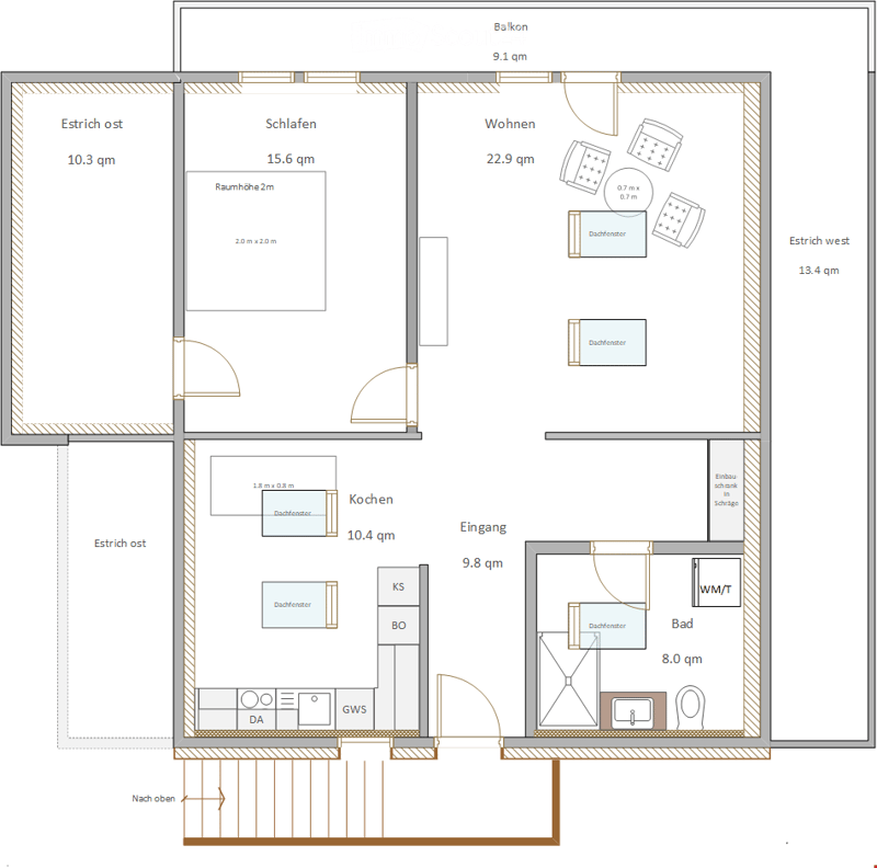 Floor plan showing a living area, bedroom, kitchen, bathroom, entrance, and balcony.