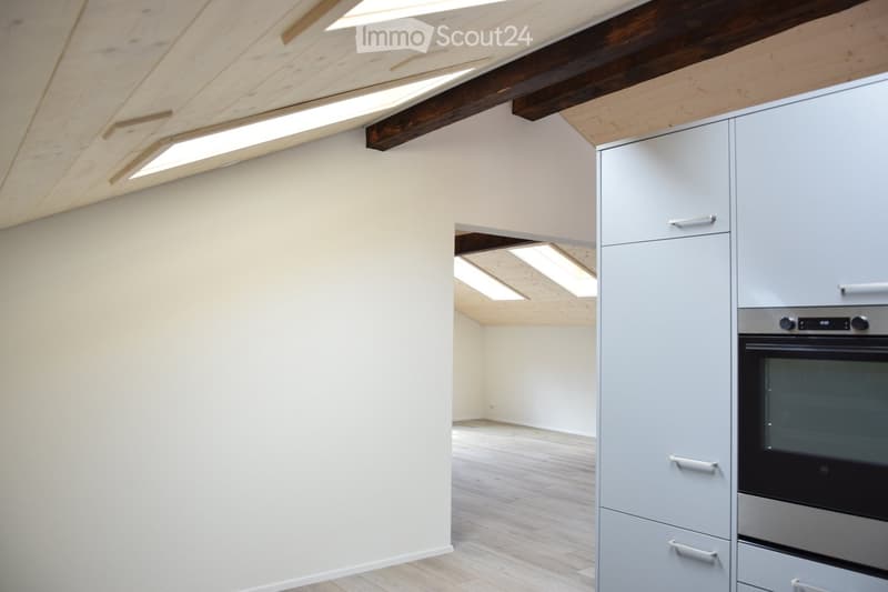 Bright, open room with wooden flooring and white walls, featuring modern grey cabinets and a built-in oven. Skylight windows provide natural light.