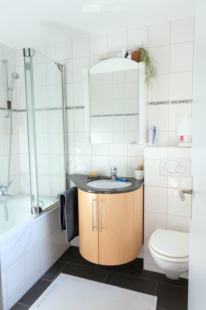 Modern bathroom with white tiles, a corner sink cabinet, a toilet, a shower, and a small plant on the windowsill.