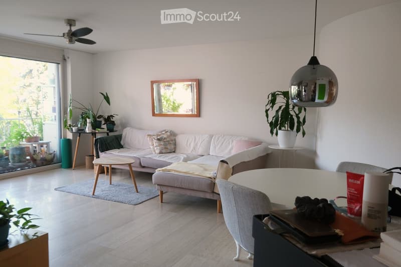 Modern living room with a light grey sofa, coffee table, dining table, and chairs. Features a large window with a view, a pendant light, and several plants.