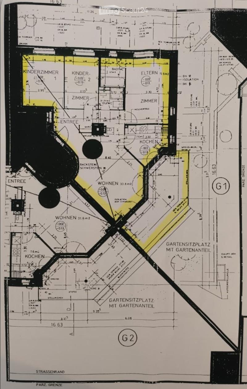 Floor plan of a two-story house with labeled rooms including living areas, bedrooms, kitchen, and garden seating area.