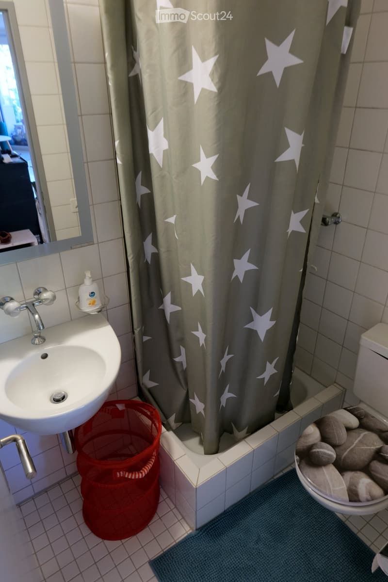 Modern bathroom with a white sink, chrome faucet, toilet, bathtub with a star-patterned shower curtain, and a red trash bin. A soap dispenser is mounted on the wall, and a blue bath mat is placed in front of the toilet.