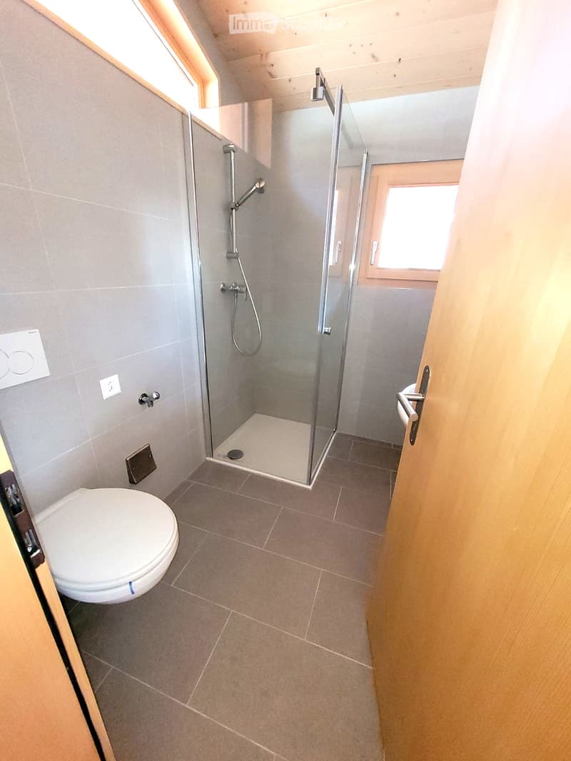 Modern bathroom with a glass shower enclosure, a white toilet, and tiled flooring. The shower area includes a shower head and hose, and there is a soap dish mounted on the wall. The room is illuminated by a light switch and has a power outlet on the wall.