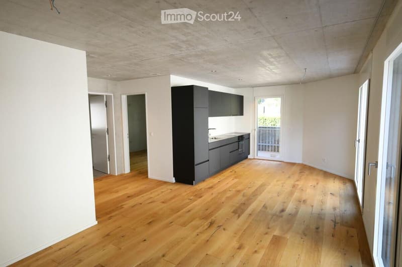 Bright, open-plan living space with wooden flooring, white walls, and a modern kitchen area featuring grey cabinets and stainless steel appliances. The room has large windows and a door leading to a balcony.