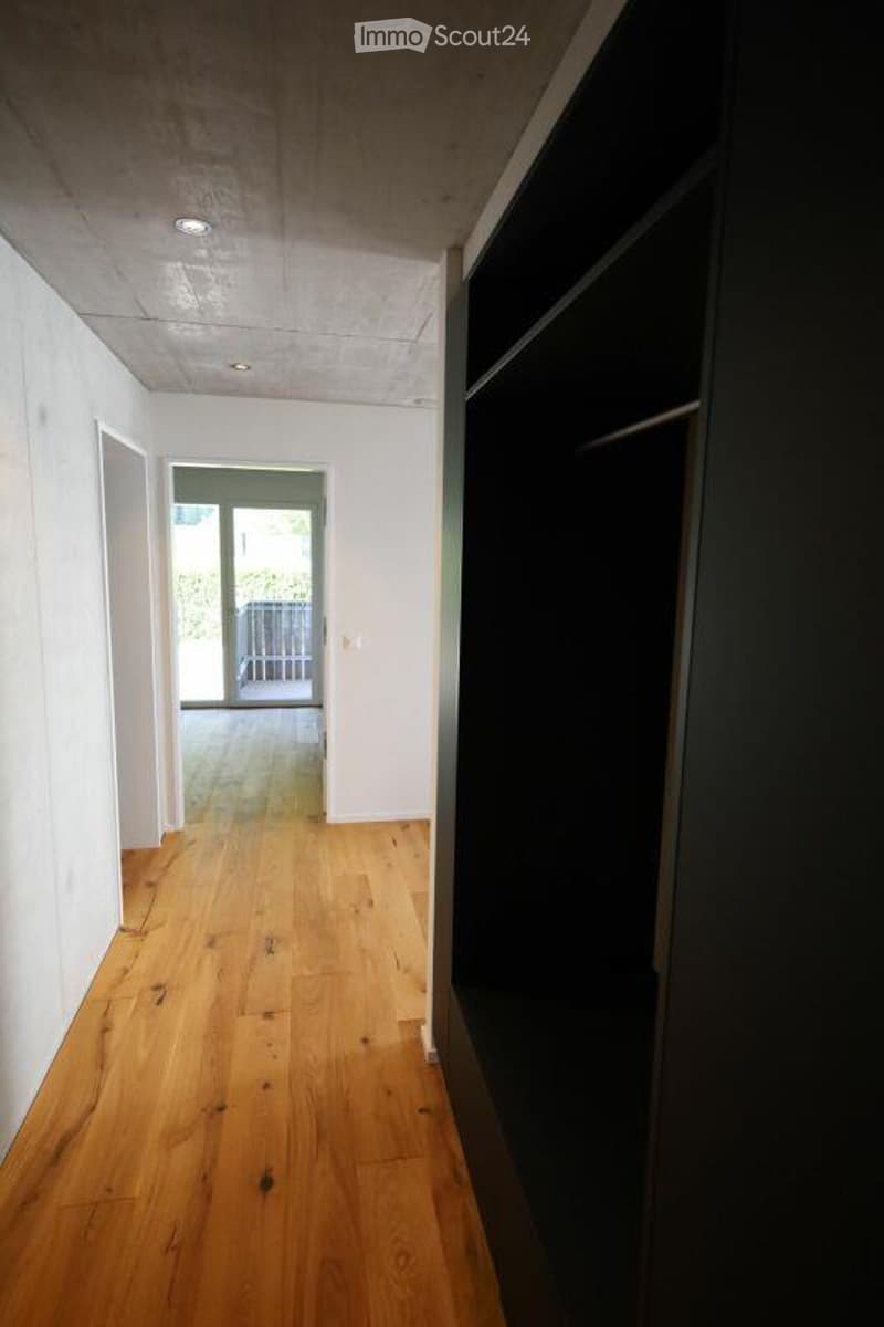 A modern, minimalist hallway with light wooden flooring, white walls, and recessed ceiling lighting. A built-in dark shelving unit lines one wall, and an open doorway leads to another room with visible outdoor elements.