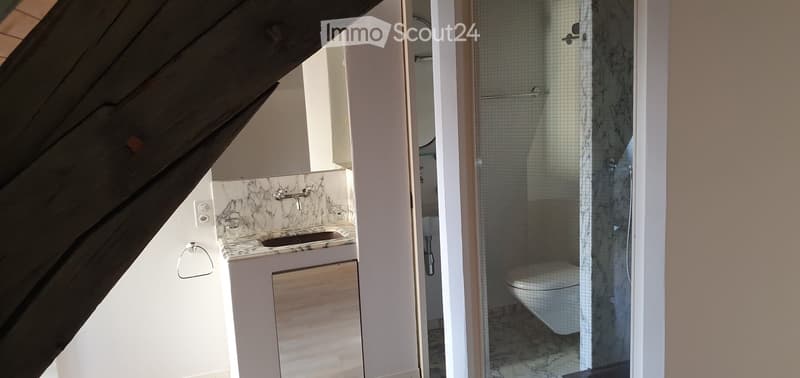 Modern bathroom with marble countertops, a glass-enclosed shower, and a toilet. Features a sleek sink and faucet.