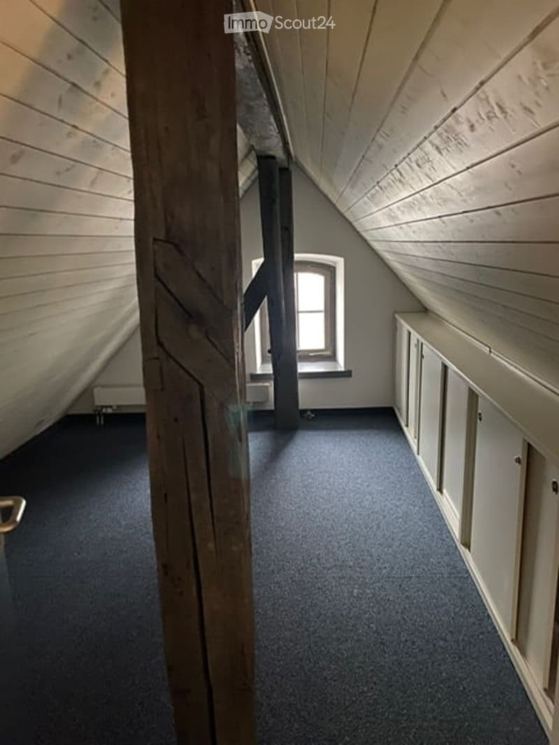 An attic space with exposed wooden beams, a skylight window, built-in cabinets, and blue carpeting.