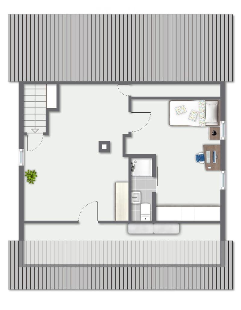 Layout of a compact studio apartment featuring a combined living and sleeping area, a small kitchen, a bathroom, and a balcony.