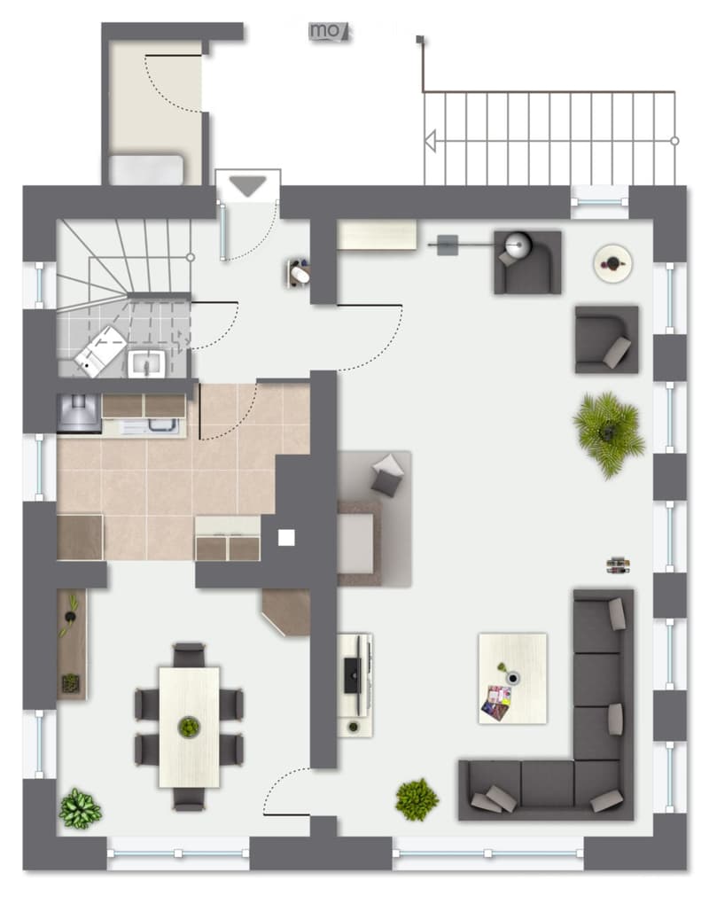 Floor plan of a modern apartment with a living room, dining area, kitchen, bedroom, and balcony.