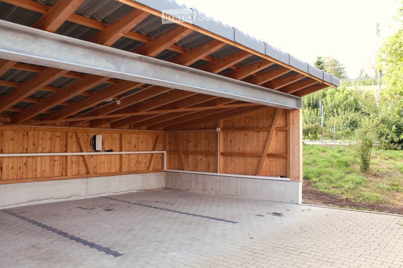 Modern covered garage with wooden walls, concrete base, and metal roof beams.
