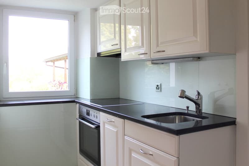Modern kitchen with white cabinets, black countertop, stainless steel sink and faucet, built-in oven, and a large window offering a view of the garden.