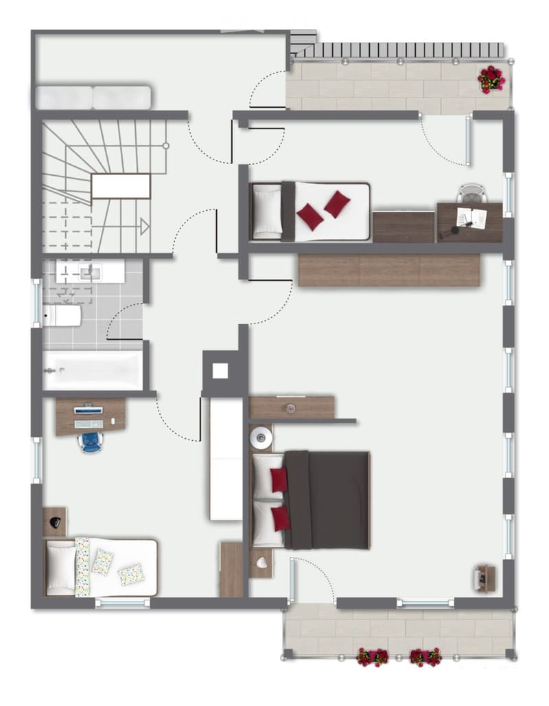 Floor plan of a 3-bedroom apartment with a living room, kitchen, and two bathrooms. Includes a balcony and a small study area.