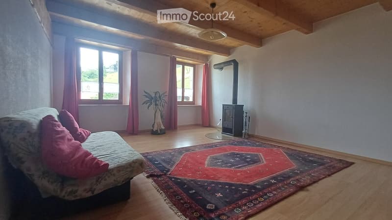 Living room with wooden floor, exposed wooden ceiling beams, large windows with pink curtains, a sofa with pink cushions, a colorful rug, a decorative statue, and a small fireplace.