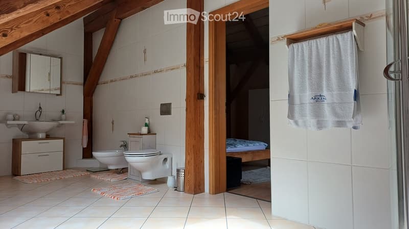 Bathroom with a sink, mirror, cabinet, toilet, bidet, and a towel hanging on a rack. The room features exposed wooden beams and a glass shower enclosure.