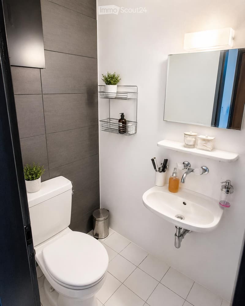 Modern bathroom with white tiles, a toilet, a sink with a mirror, and a small plant on the shelf.