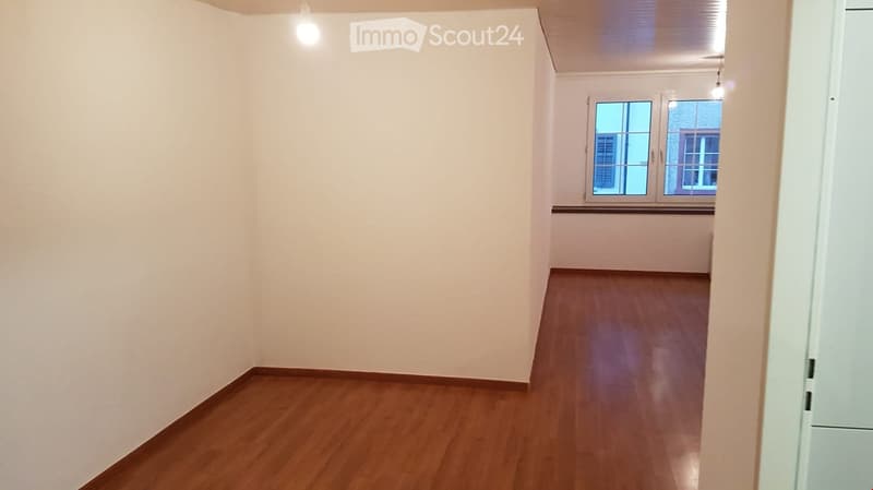 Empty room with wooden flooring and white walls, featuring a window with double glass panels and a light fixture on the ceiling.
