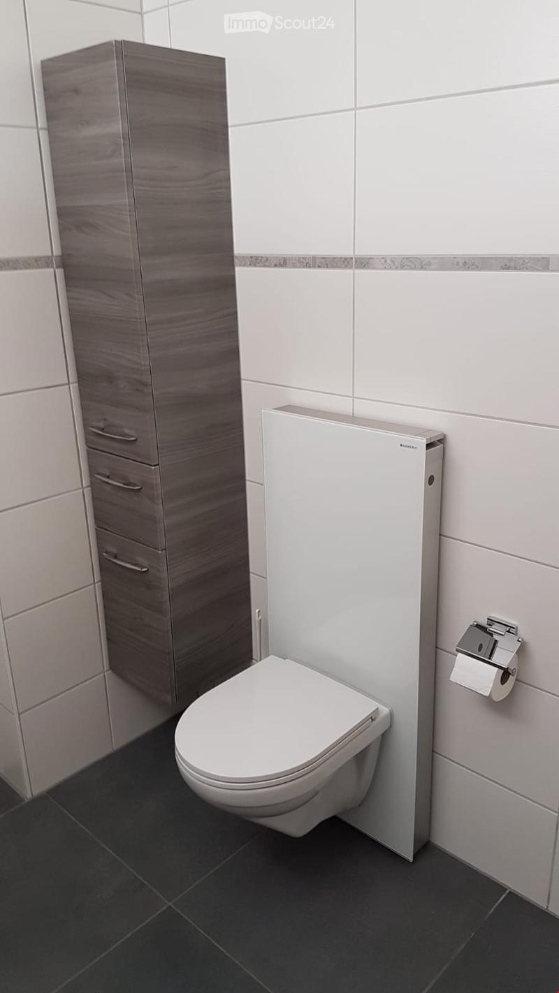 Modern bathroom with a white toilet, grey cabinet, and toilet paper holder. The walls are tiled in white with a decorative border, and the floor is dark grey tiled.