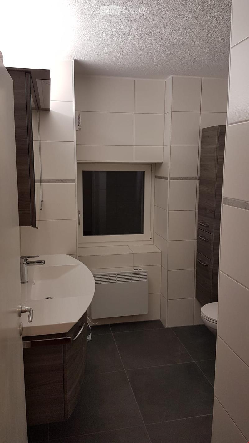 Modern bathroom with white tiles, dark floor tiles, a sink with a chrome faucet, a radiator, a mirror, and a toilet.