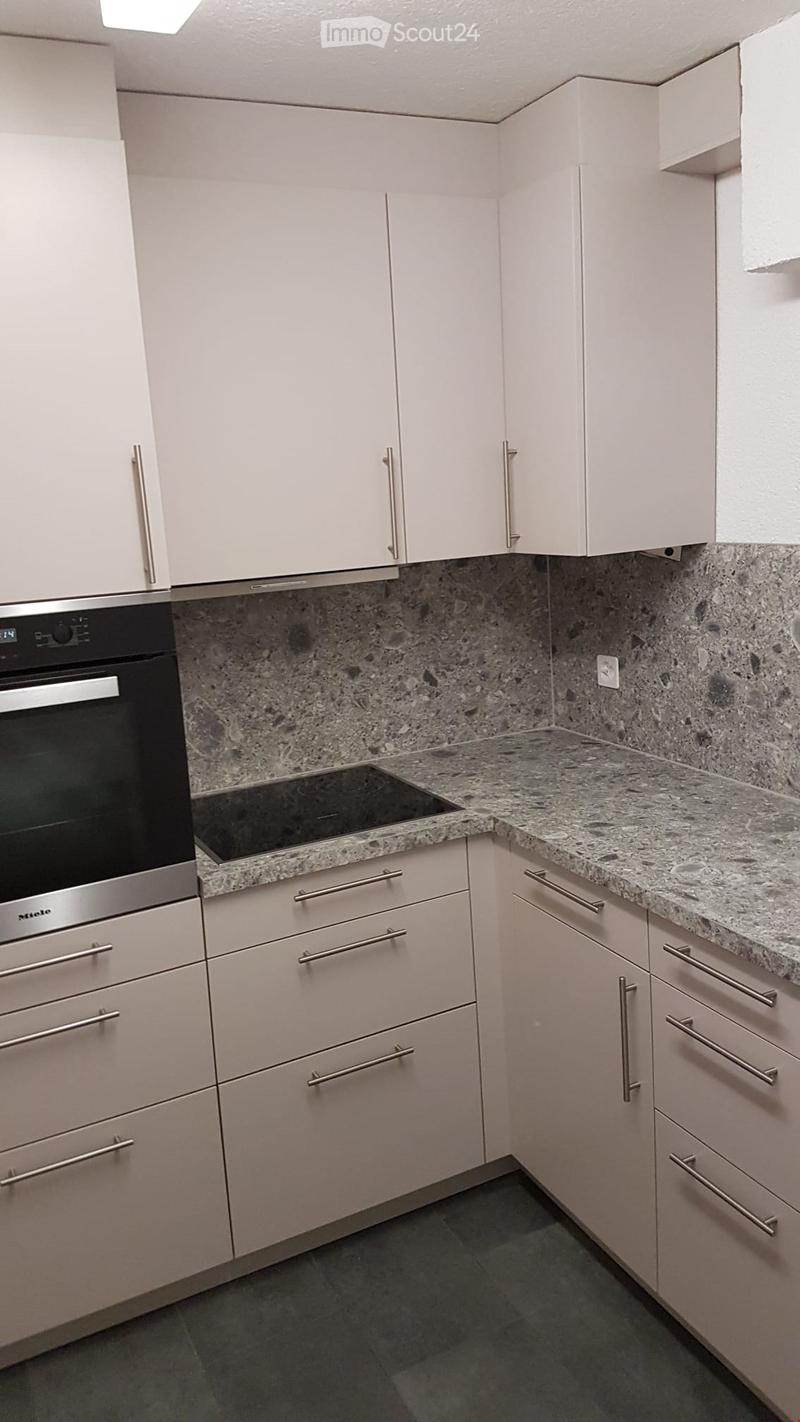 Modern kitchen with light grey cabinets, granite countertop, and built-in oven.