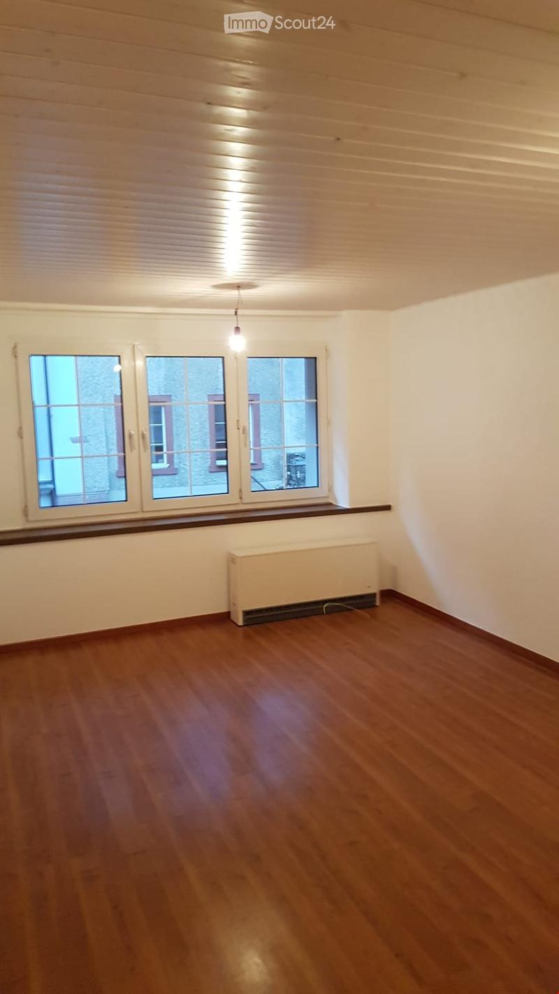 Empty room with wooden flooring, white walls, large windows, radiator, and a ceiling light fixture.