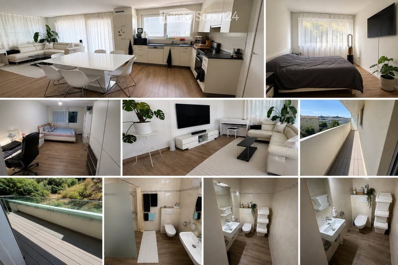 Modern multi-room apartment with a living room, dining area, kitchen, bedroom, office, and bathrooms. Features include large windows, a balcony with a view, and contemporary furnishings.