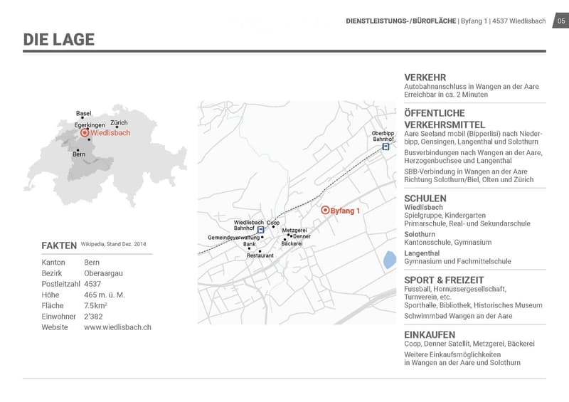 Map showing the location of Byfang 1 in Wiedlisbach, Switzerland, with surrounding areas, transportation options, schools, sports facilities, and shopping locations.
