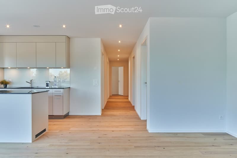 Bright, modern hallway with light wooden flooring, white walls, and recessed lighting. The hallway leads to a kitchen area with white cabinets, a countertop, and a sink.