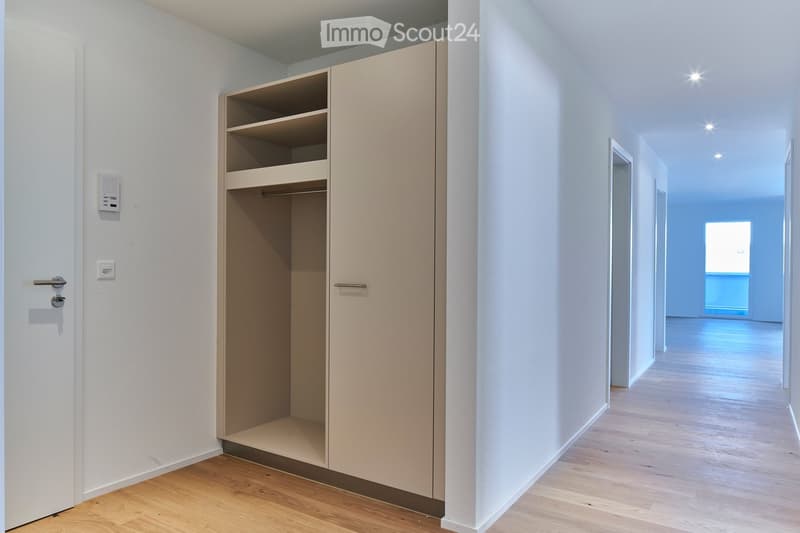 Empty hallway with light wooden flooring, white walls, built-in closet with open shelving, and recessed ceiling lighting.