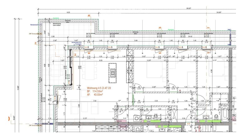 Floor plan of a residential unit labeled "Wohnung 4.5 Zi AT 23" with dimensions and room labels. Includes living area, bedrooms, kitchen, bathrooms, and technical spaces.