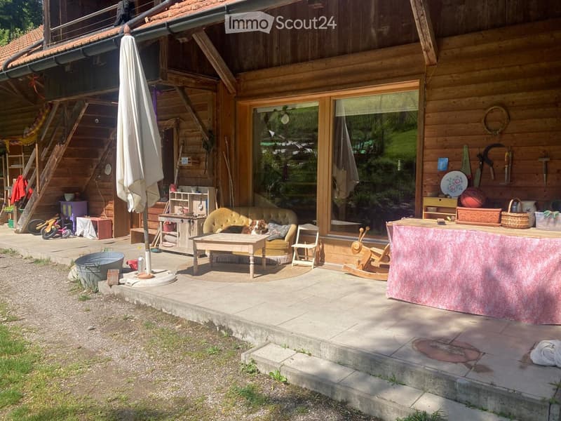 Garden / Outdoor Area. A wooden house with a spacious outdoor area featuring a sofa, coffee table, chairs, a rocking horse, and a large umbrella. The area includes a dog and various outdoor items such as a ball and a stool.