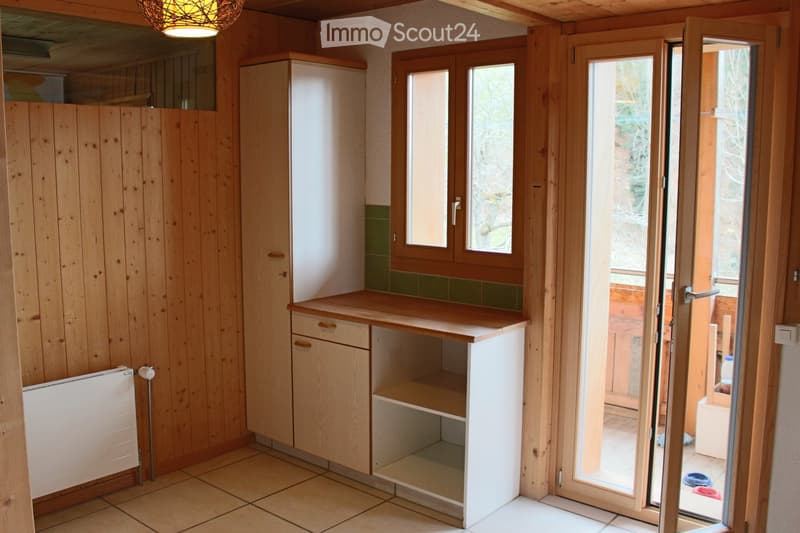 Kitchen. Bright kitchen with wooden walls, tiled floor, and a countertop with cabinets. A radiator is visible on the left side, and a large window and sliding glass door lead to an outdoor area.