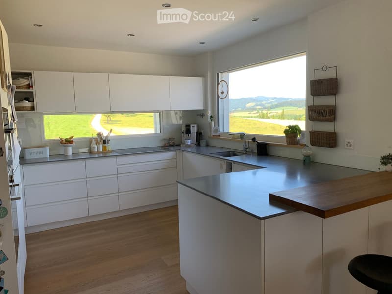 Modern kitchen with white cabinets, stainless steel sink, island, and large windows overlooking a green landscape.