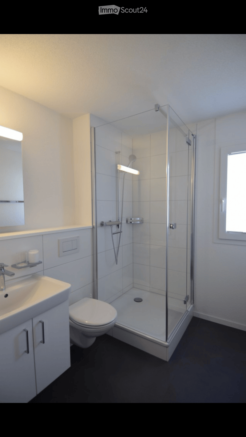 Modern bathroom with a white tiled shower enclosure, a toilet, a sink with a mirror, and a window providing natural light.