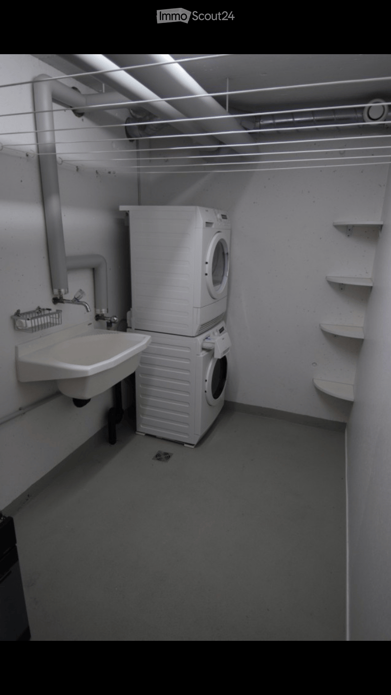 A compact bathroom with a washing machine, sink, and shelves.