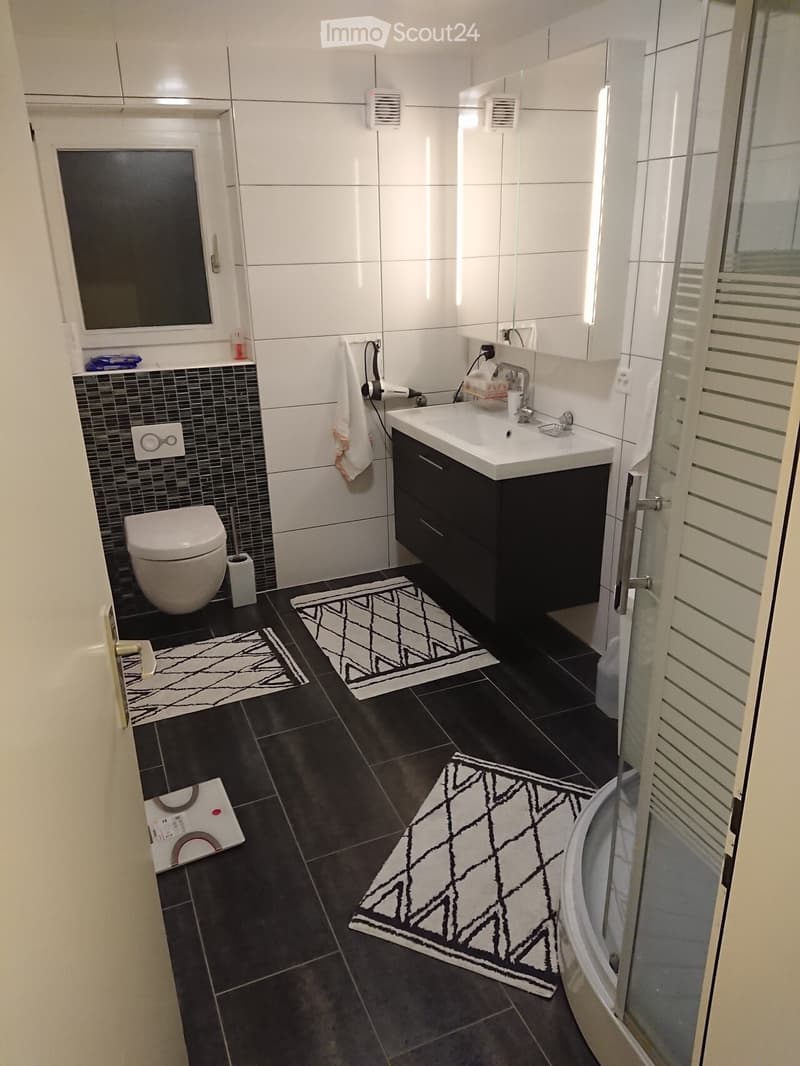Modern bathroom with dark tiled floor, white walls, black and white patterned rugs, a toilet, a sink with a cabinet, a mirror, and a scale.