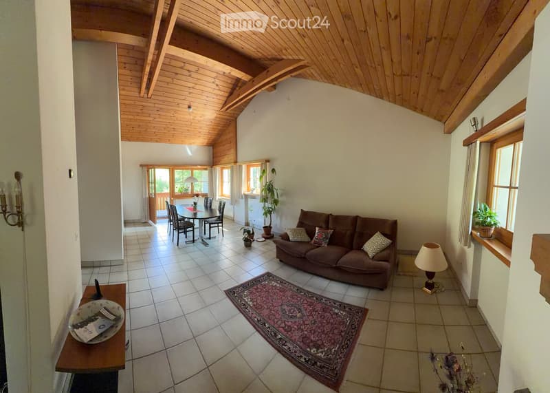 Living room with exposed wooden beams, tiled floor, sofa, dining table with chairs, side table, and decorative rug.