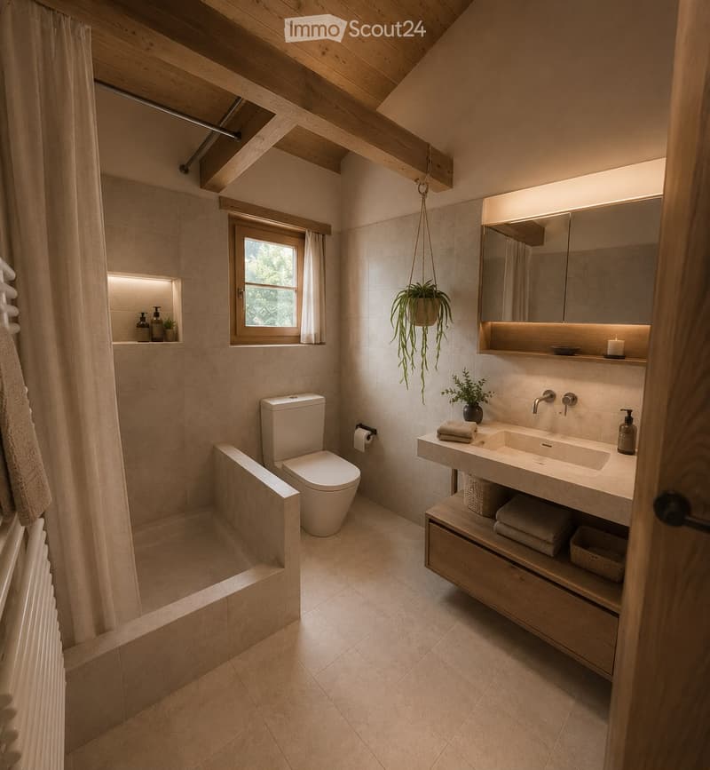 Modern bathroom with a toilet, sink, mirror, and wooden vanity. Features include a hanging plant, a window with a view, and built-in storage.